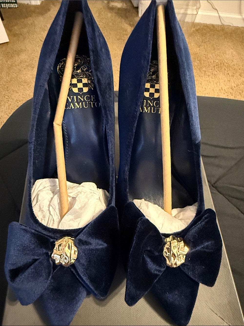 Vince Camuto Navy Velvet Pointed-Toe Pumps with Bow and Gold Accent